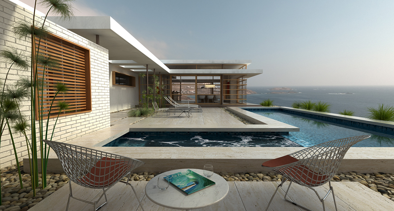 outdoor living space with chairs and pool